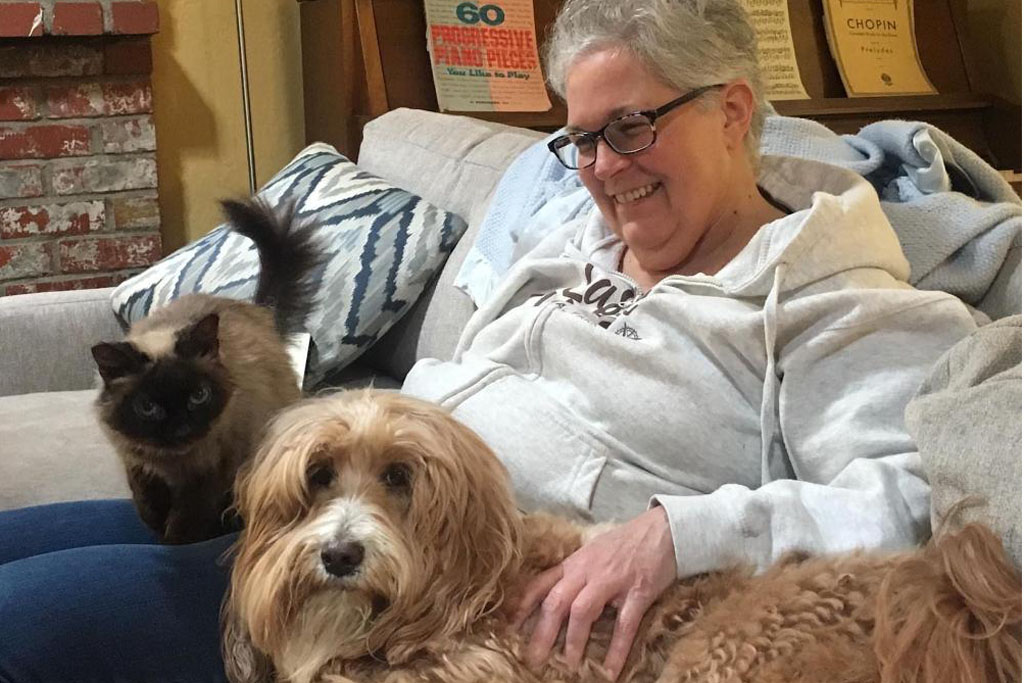 My wife Jan with Guest Dog George and our cat Freya